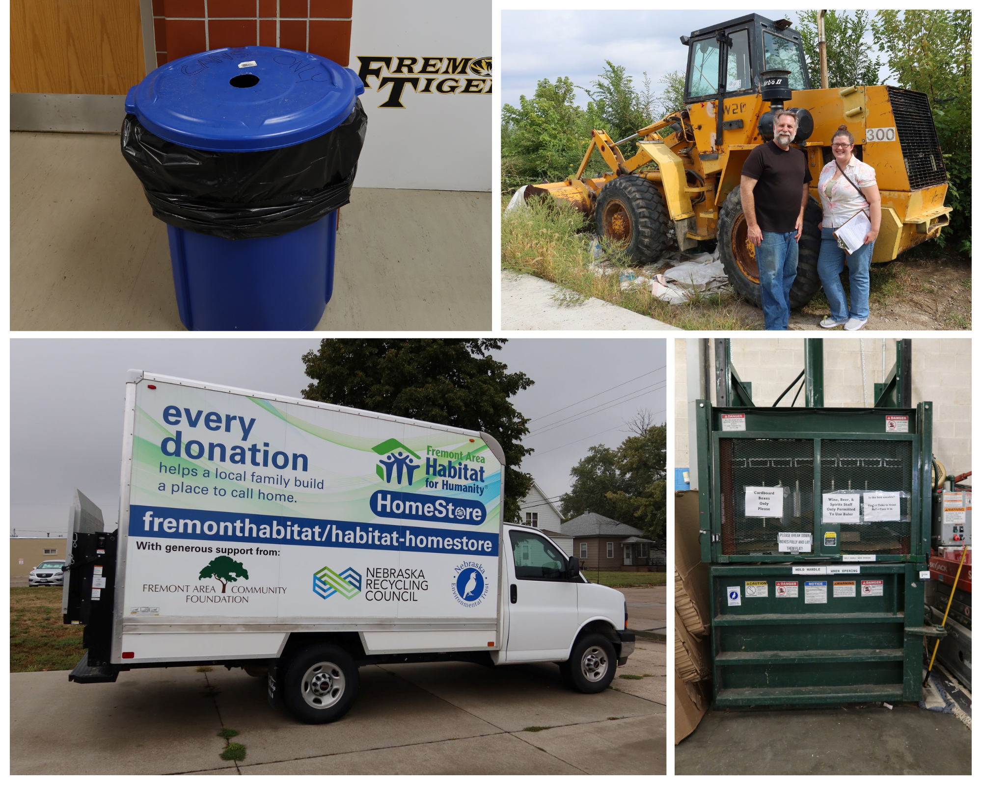 Grant funded recycling equipment, including a front end loader, baler, box truck and recycling bin
